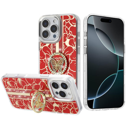 For iPhone 16 Pro Max (6.9") Diamonds 3D Butterfly Floral Design Bling Sparkly Glitter Hybrid Metal Fashion with Ring Stand Case Cover