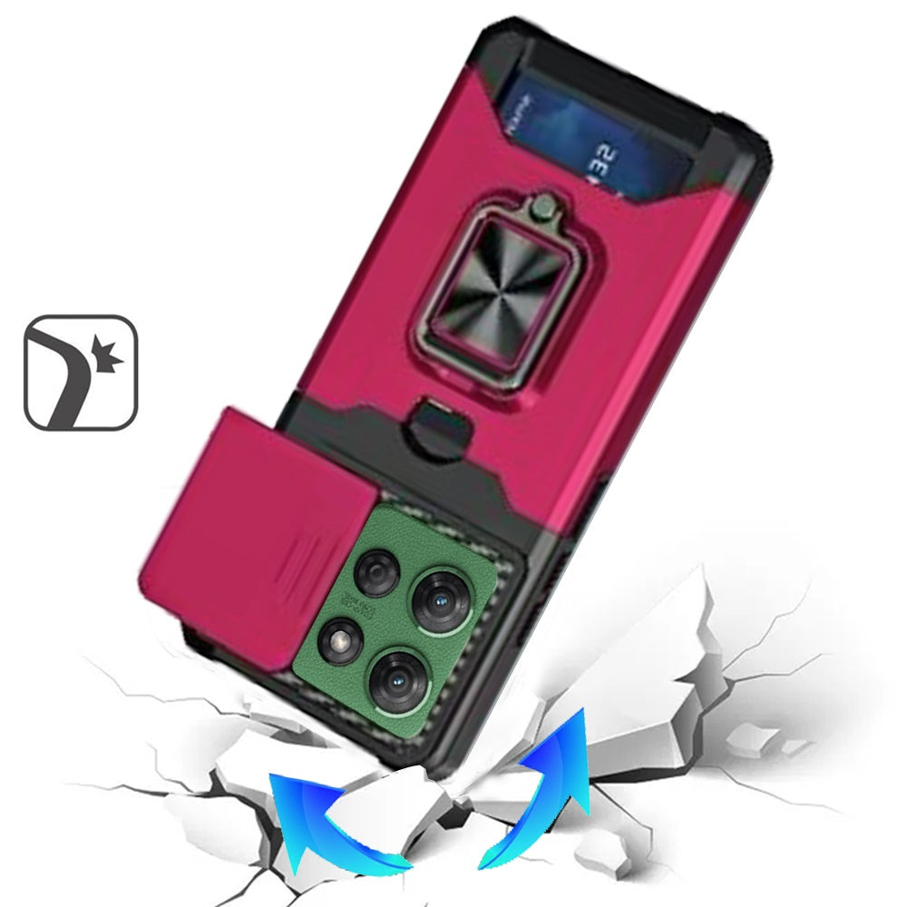 For Motorola Moto G Power 5G 2025 Wallet Case with Ring Stand & Slide Camera Cover Back Credit Card Slot Holder, Military Grade Case Cover Hot Pink