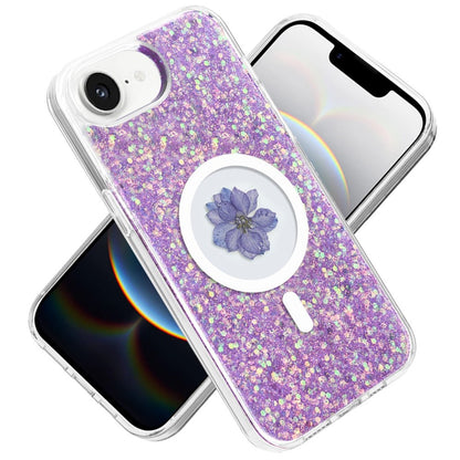 For Apple iPhone 16e MagSafe Compatible Glitter Flower Epoxy Hybrid Slim TPU Case, Magnetic Circle Design, Sparkly Bling Protective Case Cover
