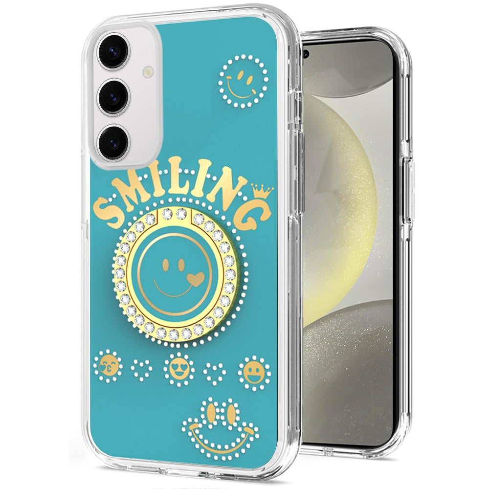 For Samsung Galaxy S25 /S24 Smiling Glitter Ornament Bling Sparkle with Ring Stand Hybrid Slim TPU + Hard Back Shell Case Cover