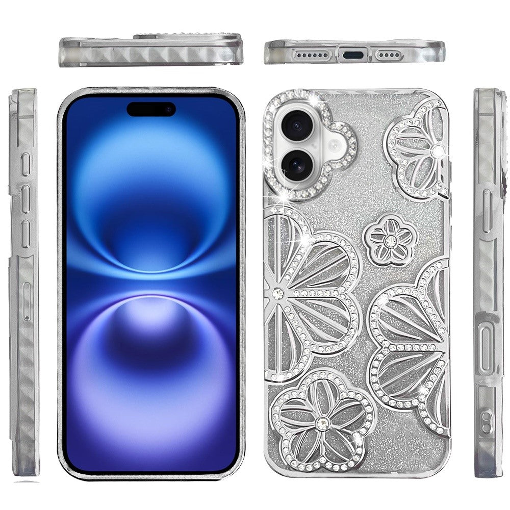 For Apple iPhone 17 (6.3") Luxury Flower Design Sparkle Glitter Diamond Rhinestone Shimmer Bling Plating Thick TPU Hard PC Case Cover