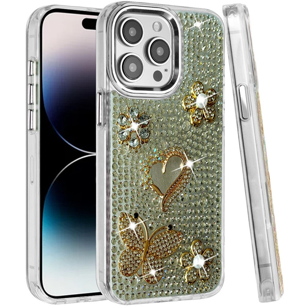Phone Case for Apple iPhone 14 Pro Max Luxury Crystal Butterfly Floral Jeweled Heart Full Diamond Design, Sparkling Decorative Details, Elegant Style Cover Silver