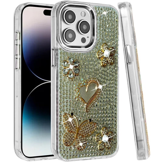 Phone Case for Apple iPhone 14 Pro Max Luxury Crystal Butterfly Floral Jeweled Heart Full Diamond Design, Sparkling Decorative Details, Elegant Style Cover Silver