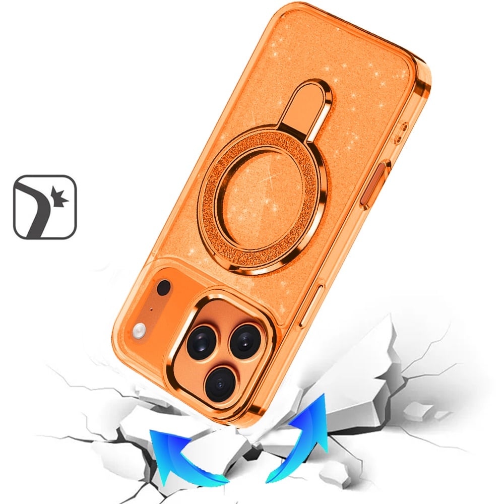 For Apple iPhone 17 Pro (6.3") Transparent Glitter Bling Case with Rotating Magnetic Ring Stand, Shockproof Hybrid Case Cover