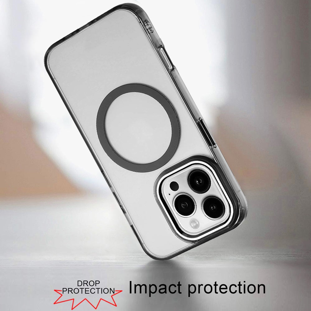 For iPhone 16 Pro Max (6.9") Transparent Back Hybrid Case - Magnetic Circle, Color Frame, Metal Buttons, MagSafe Compatible Protector