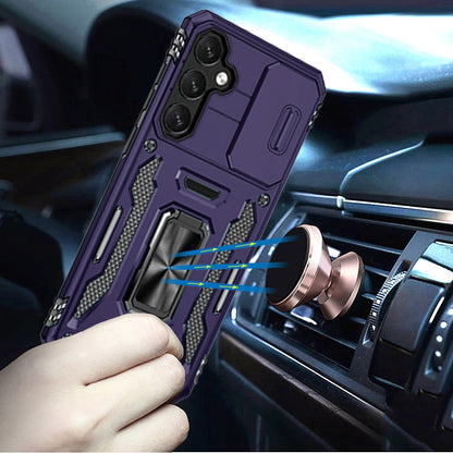 For Samsung Galaxy S25 FE, S25 Fan Edition Tough Hybrid Case with Movable Camera Window & Metal Ring Stand Shockproof Case Cover Dark Purple