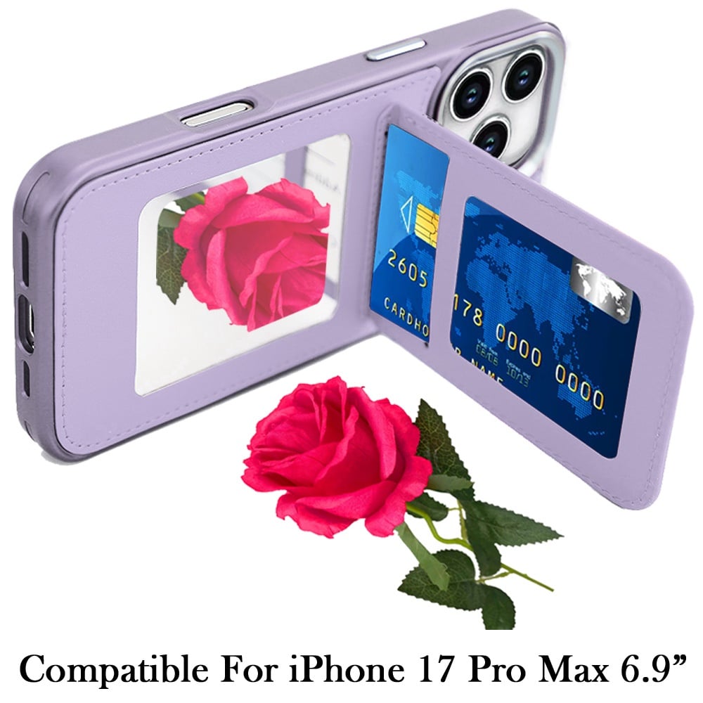Phone Case for Apple iPhone 17 Pro Max (6.9") Credit Card Holder Mirror PU Leather Wallet Shockproof Grip Slim Protective Hybrid Magnetic Style Durable Cover Purple