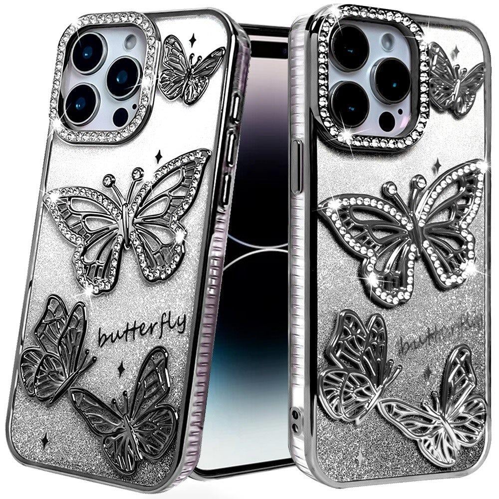For iPhone 14 Pro Max (6.7") Luxury Butterfly Sparkle Glitter Diamond Crystal Rhinestone Shimmer Bling Plating Thick TPU Hard PC Case Cover