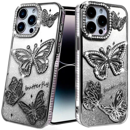 For iPhone 14 Pro Max (6.7") Luxury Butterfly Sparkle Glitter Diamond Crystal Rhinestone Shimmer Bling Plating Thick TPU Hard PC Case Cover