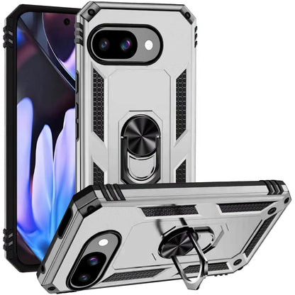 For Google Pixel 9A Hybrid Shockproof Durable 360 Degree Rotatable Ring Stand Holder Kickstand Fit Magnetic Car Mount Case Cover Rose Gold