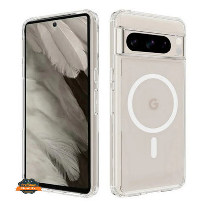 For Google Pixel 9 Pro XL (6.8") Magnetic Cristal Clear Design Compatible with Magsafe Wireless Charger PC + TPU Hybrid Slim Transparent Case Cover Clear