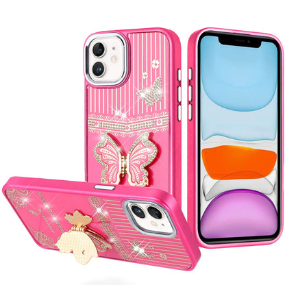 Phone Case for Apple iPhone 11 Glitter Bling Butterfly Stand Metallic Edge Hybrid Shockproof Grip Durable Camera Protection Stylish Design Cover Pink