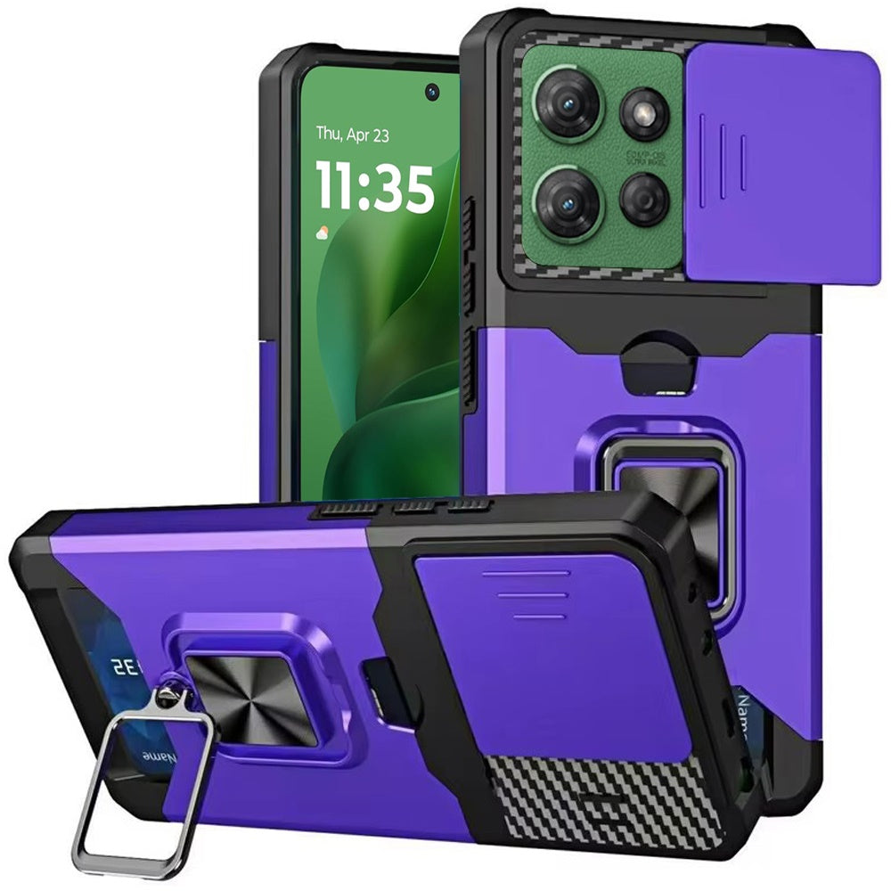 For Motorola Moto G Power 5G 2025 Wallet Case with Ring Stand & Slide Camera Cover Back Credit Card Slot Holder, Military Grade Case Cover Purple