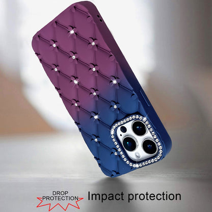 For Apple iPhone 13 Pro Fashion Flower Design Sparkle Glitter Shimmer Rhinestone Bling Floral Accents, Leather Texture TPU Case Cover Dark Blue/Burgundy