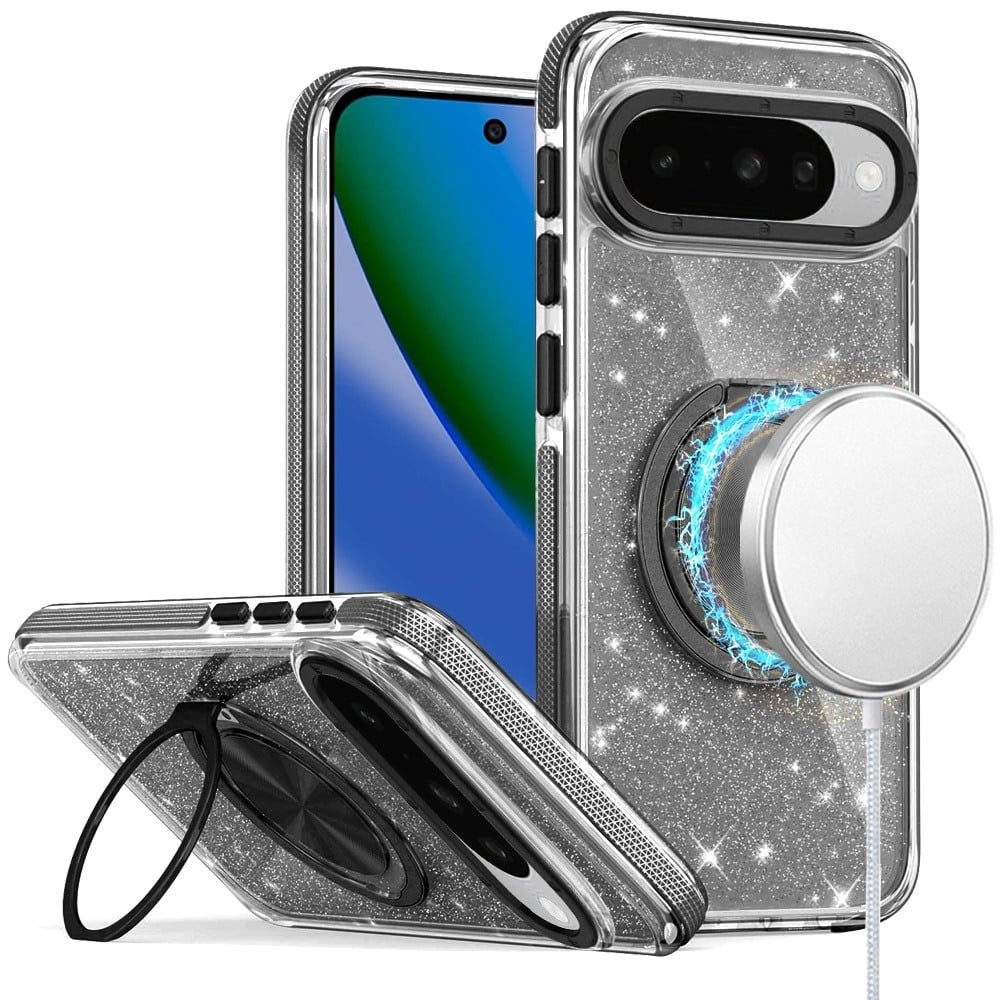 For Google Pixel 10 / 10 Pro Slim Bling Glitter Sparkly Shimmer Hybrid with Magnetic Ring and 360° Rotational Stand [Compatible with Magsafe] Case Cover