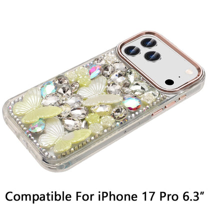 For Apple iPhone 17 Pro (6.3") 3D Diamond Floral Butterfly Bling Stone Hybrid, Sparkly Rhinestone Gemstone Back Shockproof Case Cover Rose Gold