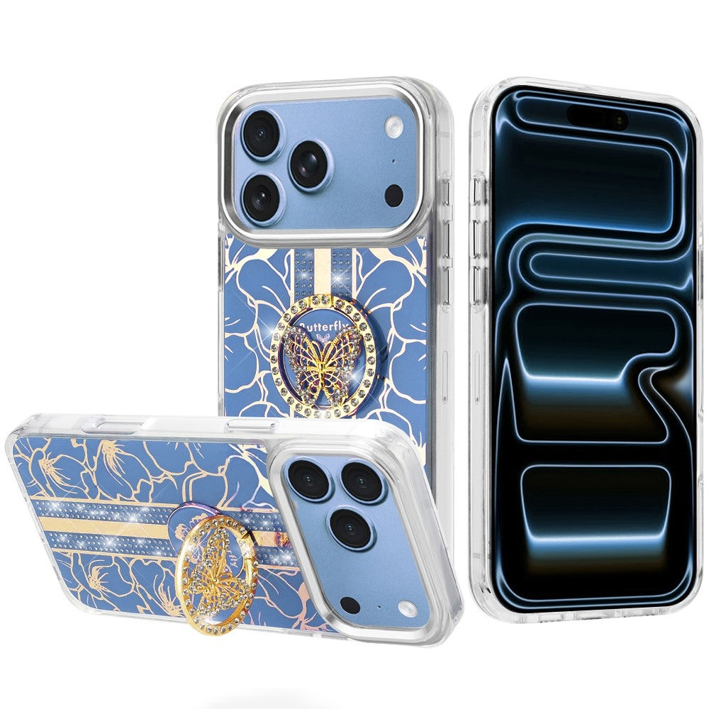Phone Case for Apple iPhone 18 Pro Max Floral Butterfly Ring Stand Glitter Bling Shockproof Hybrid Luxury Fashion Protective Anti Slip Durable Grip Cover
