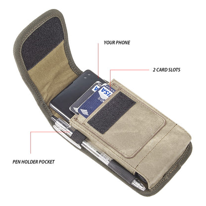 For Apple iPhone 16 Plus (6.7") Universal Vertical Fabric Case Holster with 2 Card Slots, Pen Holder, Belt Clip Loop & Hook Carrying Phone Pouch [Brown]