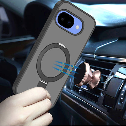 Phone Case for Google Pixel 10A Magnetic Ring Stand Full Rotation Matte Shockproof Grip Anti Slip Durable Camera Protection Hybrid Cover Black