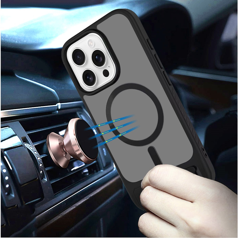 Phone Case for Apple iPhone 16 Pro Max Matte Magnetic Metal Kickstand Shockproof Grip Anti Slip Durable Protective Heavy Duty Hybrid Cover Black