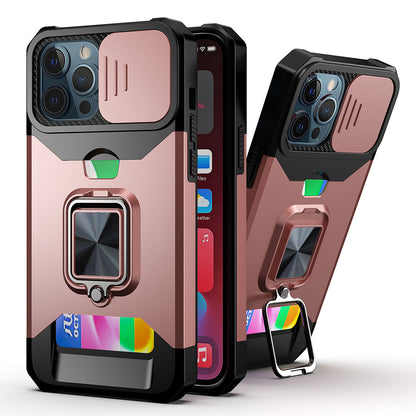 For Apple iPhone 16e Wallet Case with Ring Stand & Slide Camera Cover Back Credit Card Slot Holder, Military Grade Case Cover Rose Gold