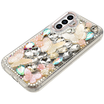 For Samsung Galaxy A36 3D Diamond Floral Butterfly Bling Stone Hybrid, Sparkly Rhinestone Gemstone Back Shockproof Case Cover