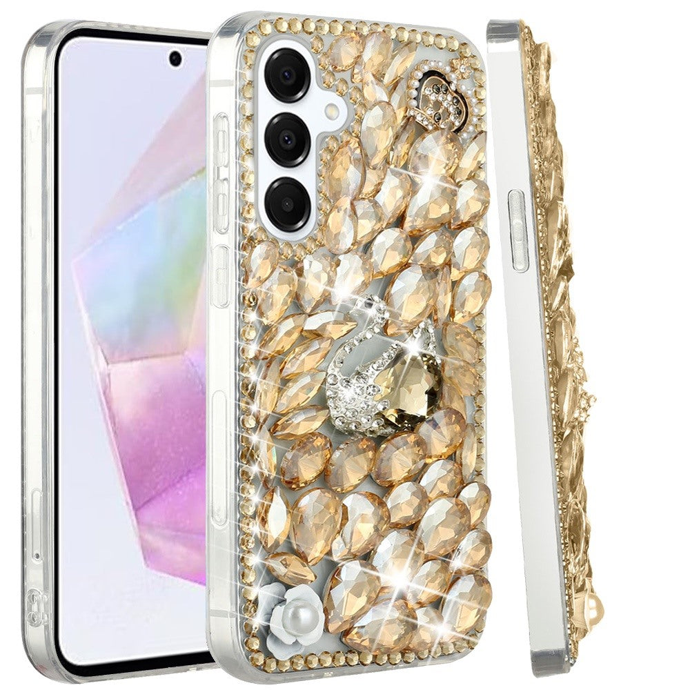 Phone Case for Samsung Galaxy A56 / A36 Luxury Full Diamond Glitter 3D Floral Ornament Hybrid Shockproof Stylish Rhinestone Designer Protective Elegant Cover Gold Swan Crown Pearl