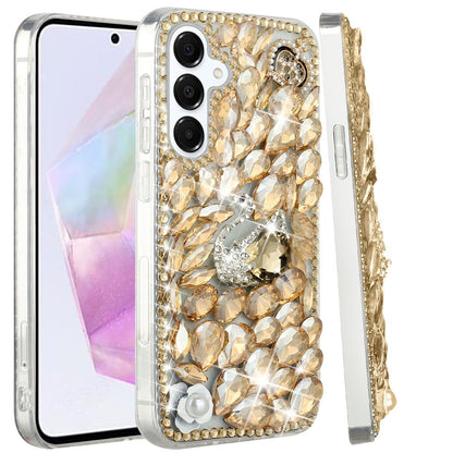 Phone Case for Samsung Galaxy A56 / A36 Luxury Full Diamond Glitter 3D Floral Ornament Hybrid Shockproof Stylish Rhinestone Designer Protective Elegant Cover Gold Swan Crown Pearl