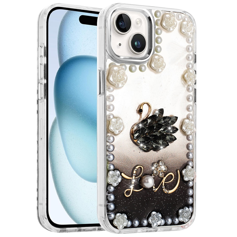 For Apple iPhone 11 Bling Fashion Design with 3D Pearls Epoxy Glitter Ornaments Chrome Edge Hard Slim PC Case Cover