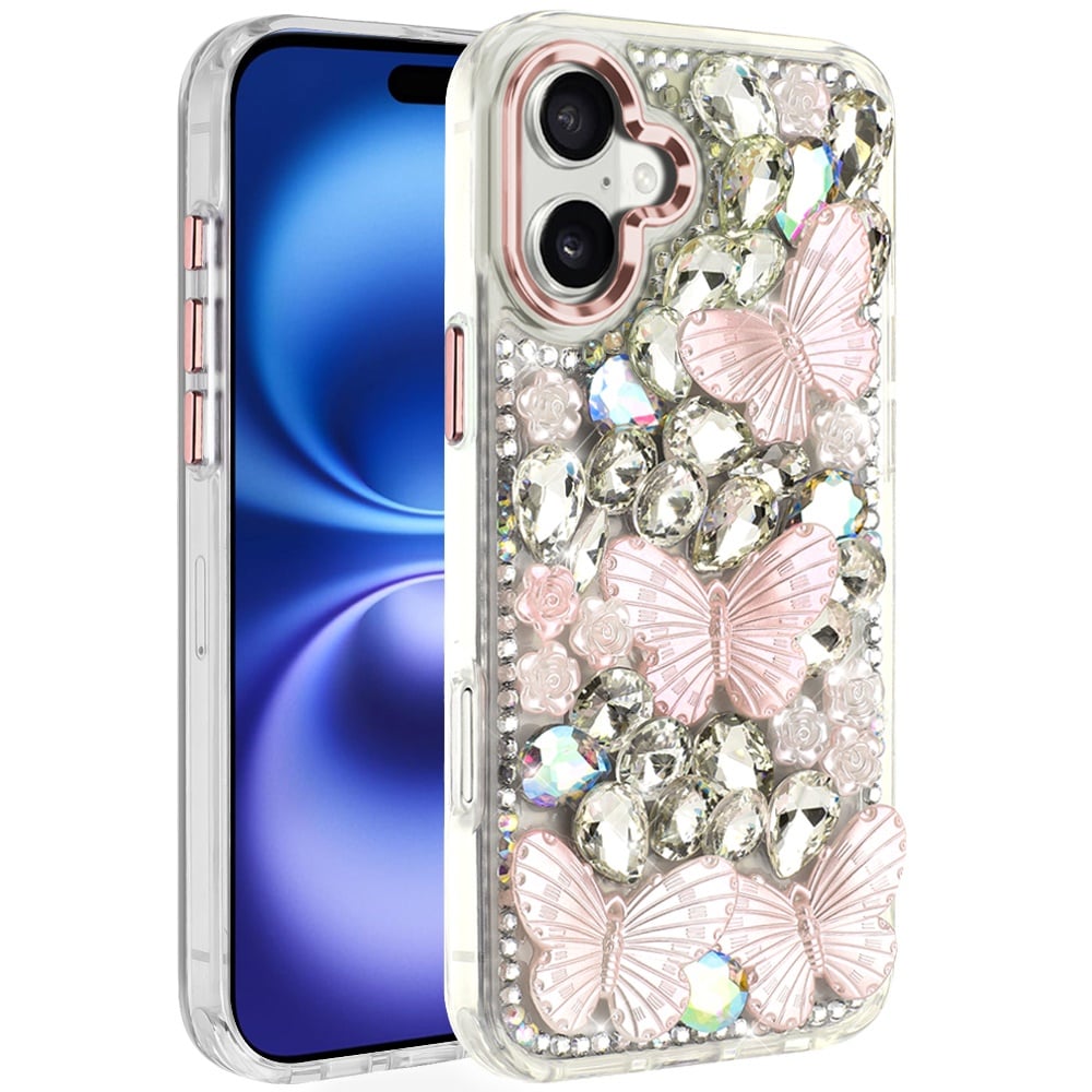 Phone Case for Apple iPhone 17 Luxury 3D Floral Butterfly Bling Rhinestone Glitter Shockproof Stylish Protective Hybrid Designer Metallic Cover Pink