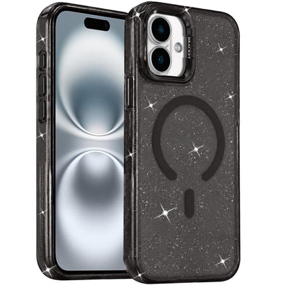 Phone Case for Apple iPhone 16 Bling Sparkle Glitter Design Magnetic back Hybrid with Metal Camera Stand, Decorative Glitter Design TPU Protective Cover Black