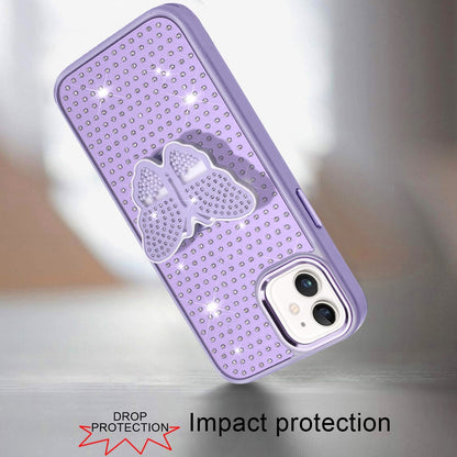 For Apple iPhone 16 (6.1") Butterfly Moveable Grip 3D Pop Stand Full Diamond Bling Sparkling TPU Fashion Hybrid Case Cover