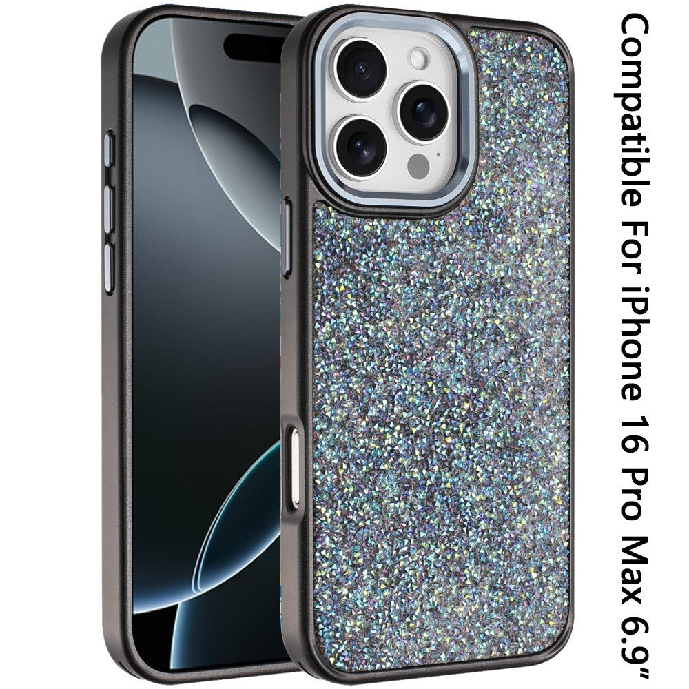 For iPhone 16 Pro Max (6.9") Crystal Sparkle Diamond Glass Full Mini Glitter Bling Frame TPU Hybrid Protective Case Cover