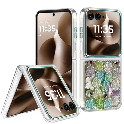 For Motorola Razr 2025 /2024 Muti-Color Floral Fashion Bling Crystal 3D Full Diamonds Stones Sparkle Rhinestone Glitter Hybrid Case Cover Green