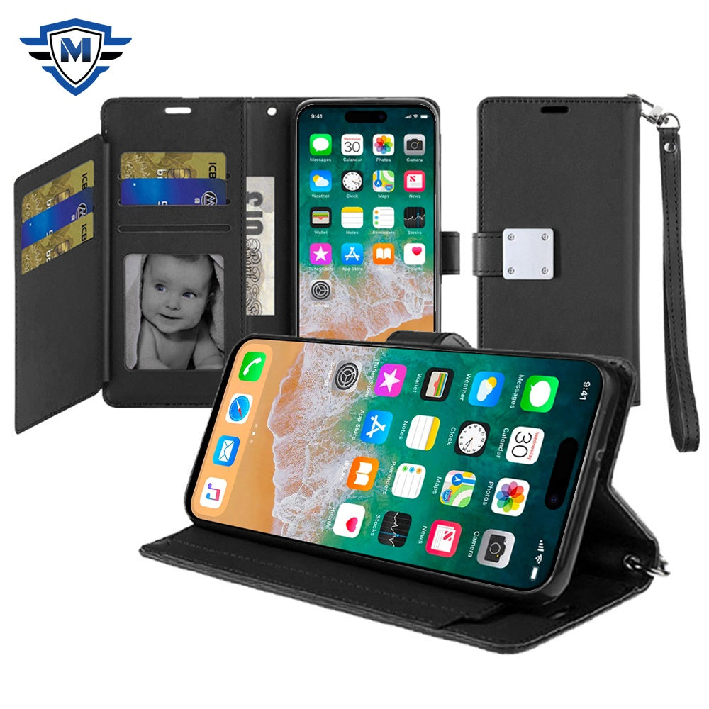 For Samsung Galaxy A36 Premium Leather Wallet with Credit Card ID Slots Cash Holder, Duo Flip Pouch, Stand Function & Strap Case Cover Black