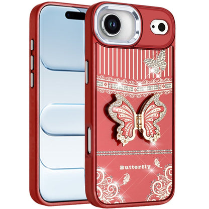 For Apple iPhone 17 Air (6.6") Glitter 3D Butterfly Design Bling Metallic Edge Hybrid Stand Drop Protection TPU Shockproof Case Cover
