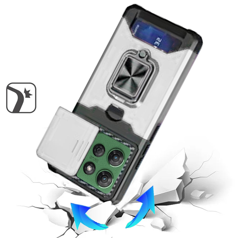 For Motorola Moto G Power 5G 2025 Wallet Case with Ring Stand & Slide Camera Cover Back Credit Card Slot Holder, Military Grade Case Cover Silver