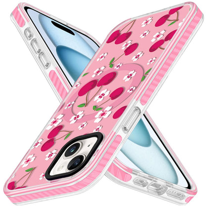 Phone Case for iPhone 15 Magnetic Hybrid IMD Floral Compatible with MagSafe Shockproof Slim Hybrid Fashion Design TPU Protective Cover Cherry Sprinkle on Pink