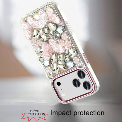 Phone Case for Apple iPhone 17 Pro Max Luxury 3D Floral Butterfly Bling Rhinestone Glitter Shockproof Stylish Protective Hybrid Designer Metallic Cover Pink