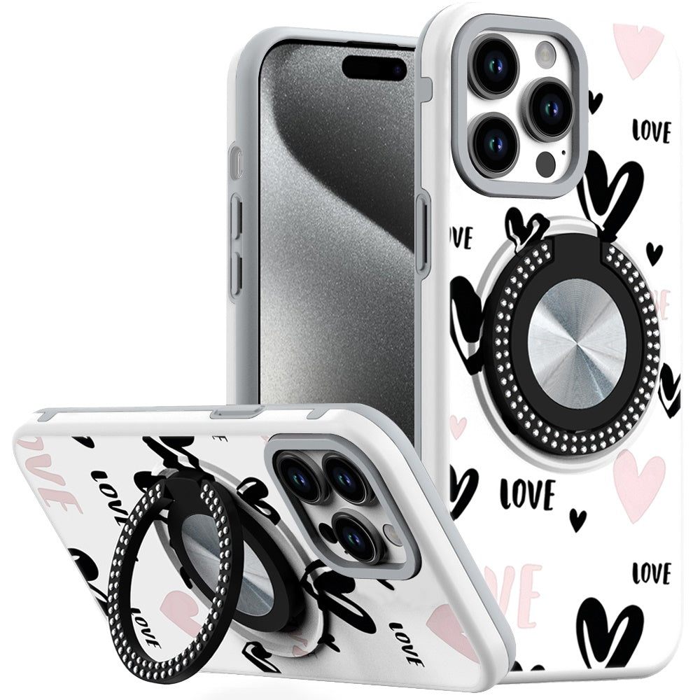 For Apple iPhone 14 /13 Pattern Design Hybrid with Invisible Ring Stand & Magnetic Back, Shockproof Protective Grip Case Cover