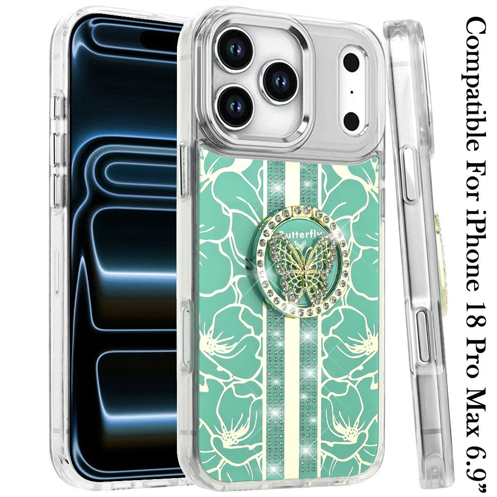 Phone Case for Apple iPhone 18 Pro Max Floral Butterfly Ring Stand Glitter Bling Shockproof Hybrid Luxury Fashion Protective Anti Slip Durable Grip Cover