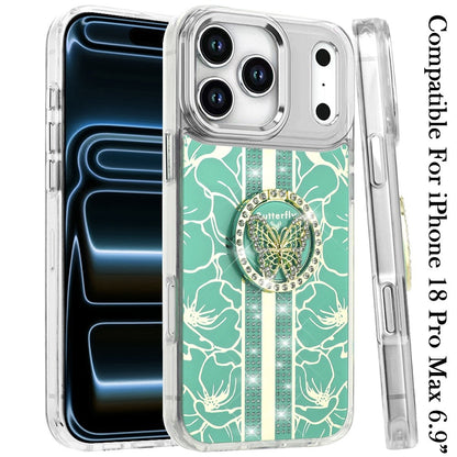 Phone Case for Apple iPhone 18 Pro Max Floral Butterfly Ring Stand Glitter Bling Shockproof Hybrid Luxury Fashion Protective Anti Slip Durable Grip Cover
