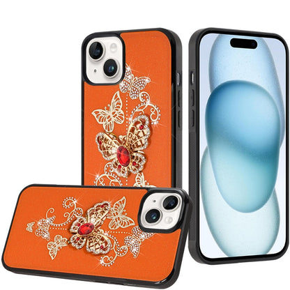 For Apple iPhone 15 Diamonds 3D Butterfly Bling Sparkly Glitter Ornaments Engraving Hybrid Metal Fashion Case Cover Garden Butterflies Cosmic Orange