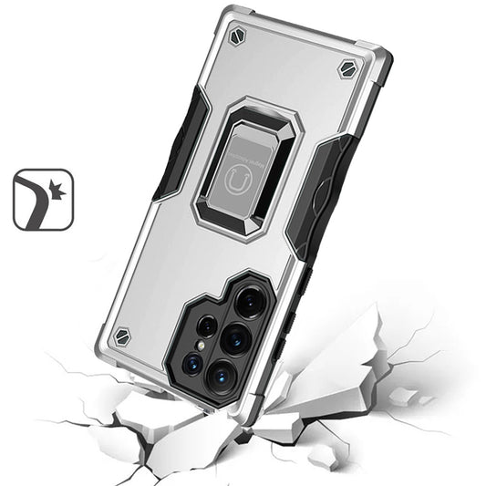 Phone Case for Samsung Galaxy S23 Ultra Shockproof Magnetic Ring Stand Hybrid Kickstand Armor 360 Rotation Anti-Slip Grip Military Grade Drop Resist Cover Silver