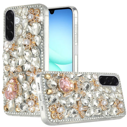 Phone Case for Galaxy A17 5G Luxury Full Diamond Glitter 3D Floral Ornament Hybrid Shockproof Stylish Rhinestone Designer Protective Elegant Cover Silver