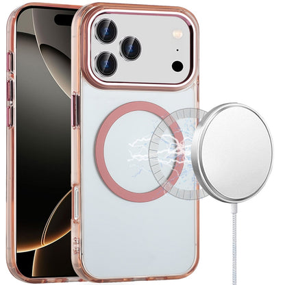 For Apple iPhone 17 Pro Max (6.9") Transparent Back Hybrid Case - Magnetic Circle, Color Frame, Metal Buttons, MagSafe Compatible Case Cover