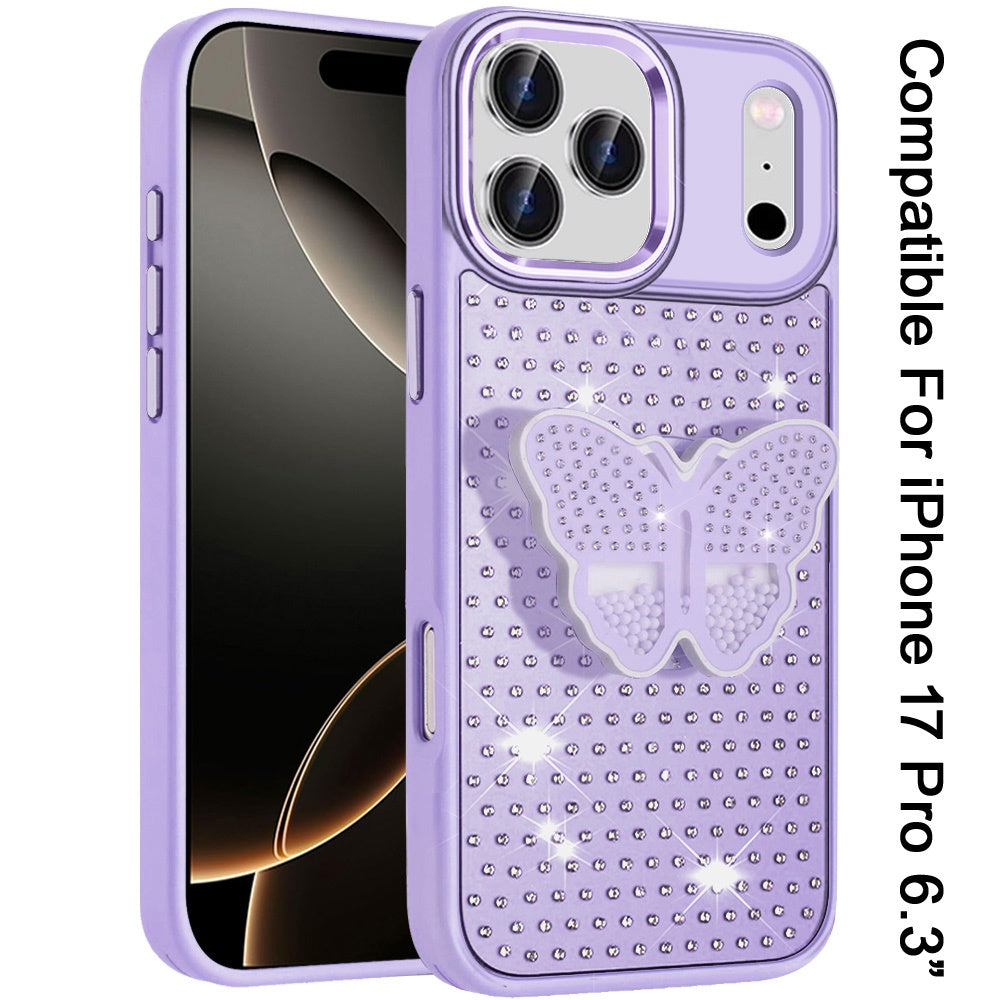 For Apple iPhone 17 Pro (6.3") Butterfly Moveable Grip 3D Pop Stand Full Diamond Bling Sparkling TPU Fashion Hybrid Case Cover