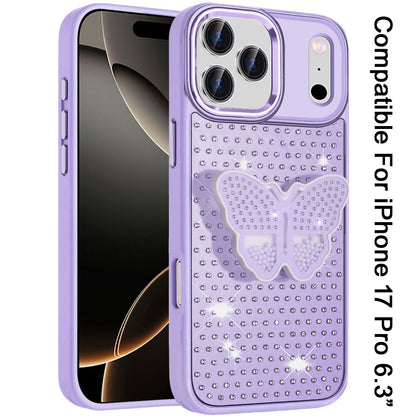 For Apple iPhone 17 Pro (6.3") Butterfly Moveable Grip 3D Pop Stand Full Diamond Bling Sparkling TPU Fashion Hybrid Case Cover