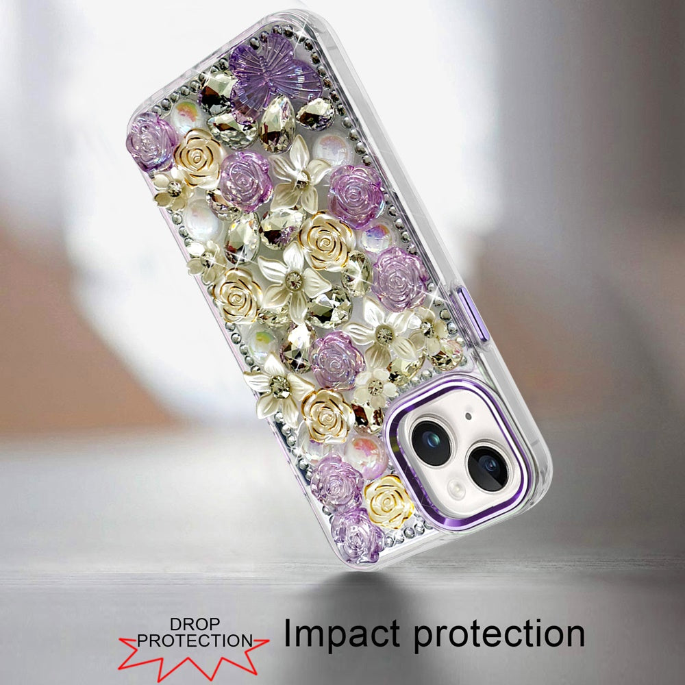 Phone Case for Apple iPhone 14 Luxury Rose Bling Rhinestone Glitter Floral Hybrid Shockproof Stylish Protective Designer Ornament Sparkle Cover Purple