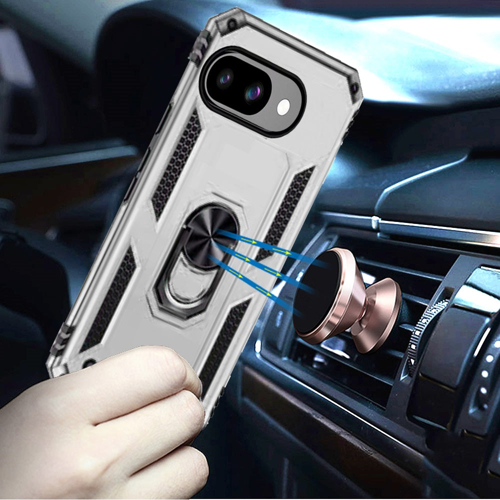 For Google Pixel 9A Hybrid Shockproof Durable 360 Degree Rotatable Ring Stand Holder Kickstand Fit Magnetic Car Mount Case Cover Rose Gold